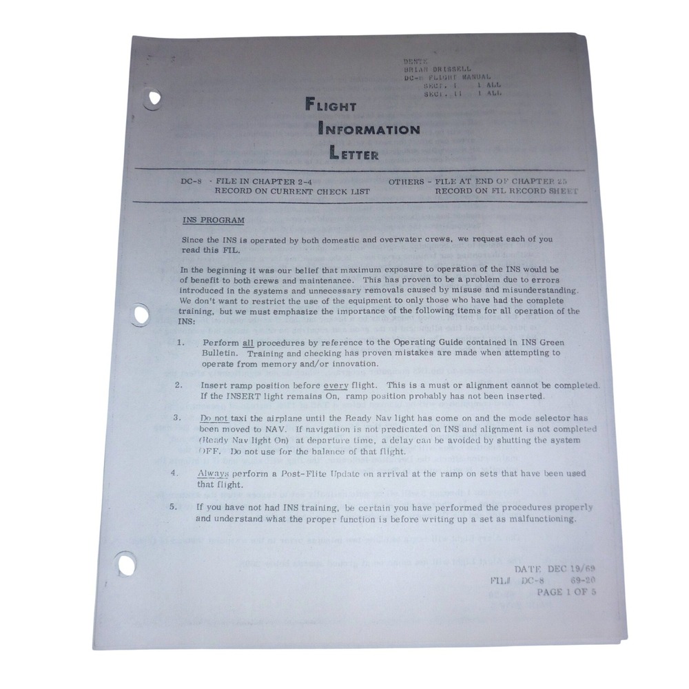 Vintage 1969 United Air Lines DC-8 INS Flight Information Letter Manual Packet